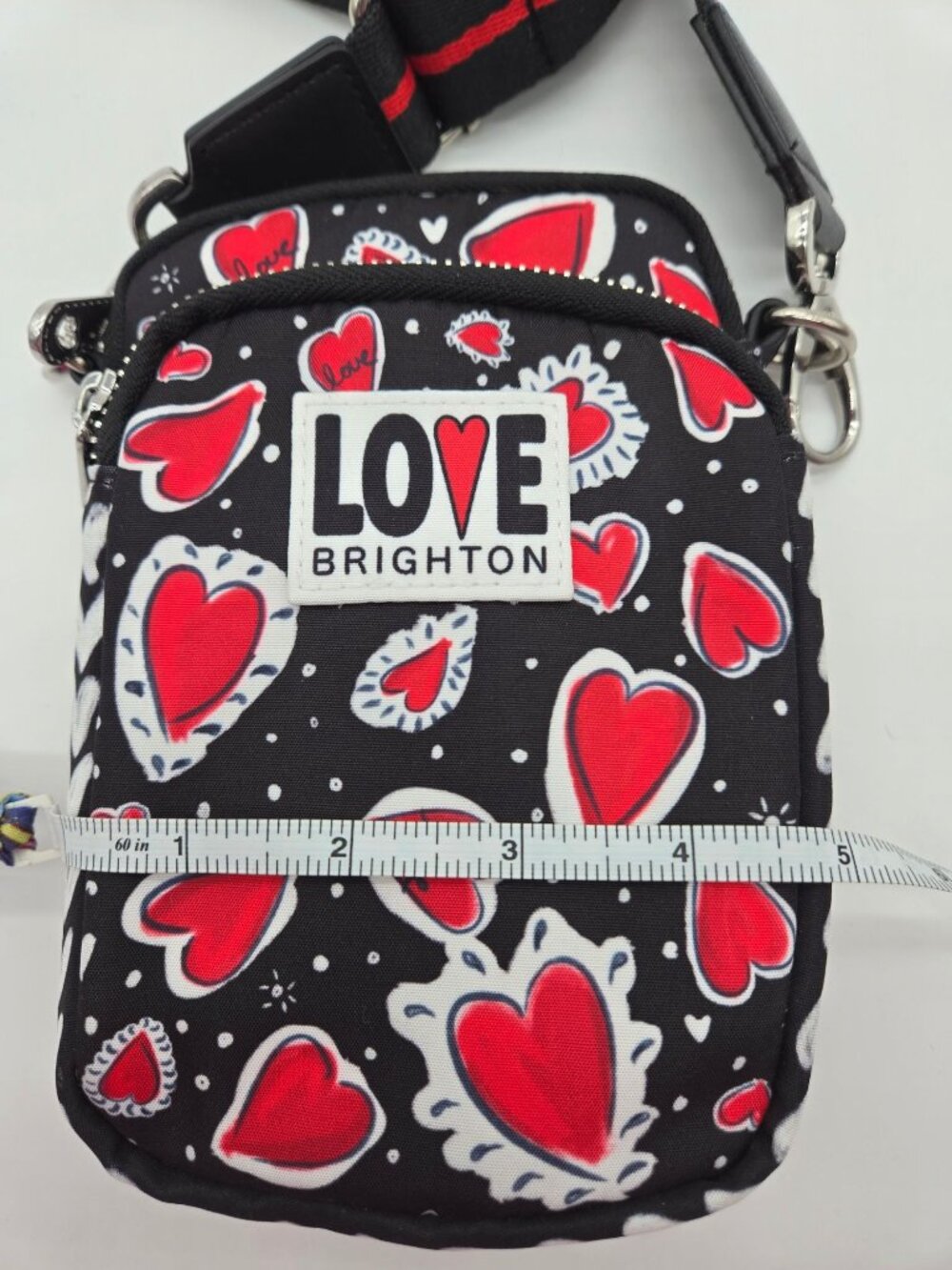 Brighton Love Crossbody Phone Bag Black Red Hearts Camera Strap Purse Like New - Picture 3 of 9